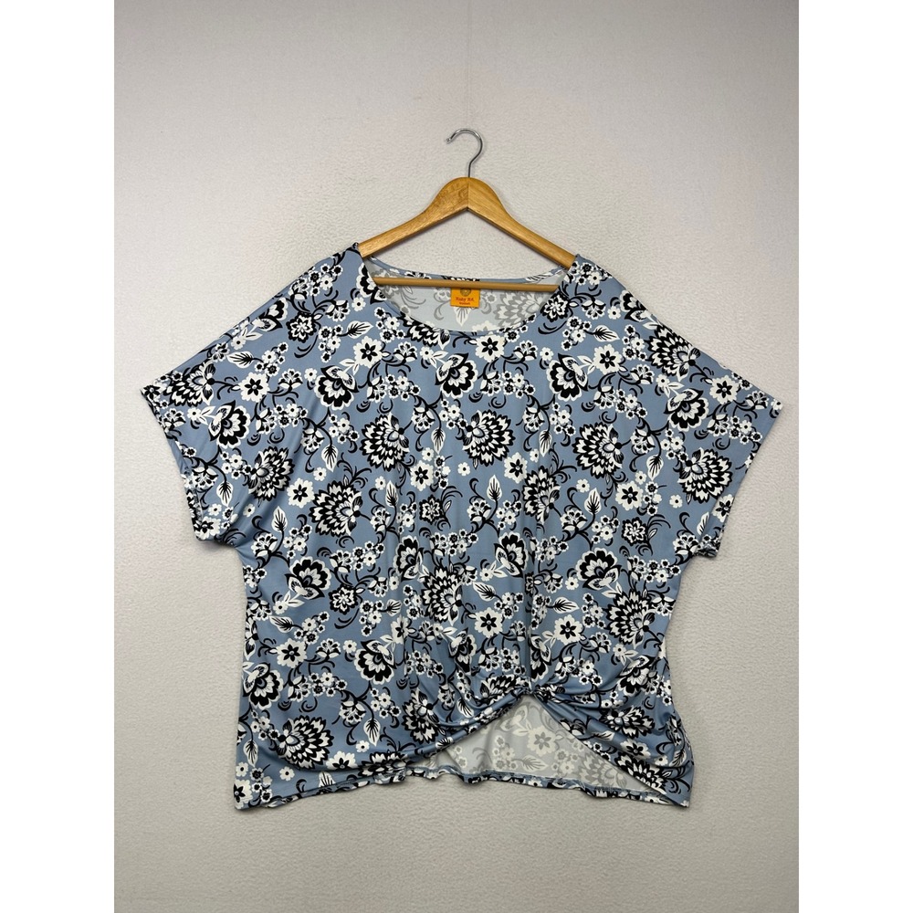 Floral Boho Ruby Rd. Woman Womens Plus Blue Short Sleeve Knot Front Blouse